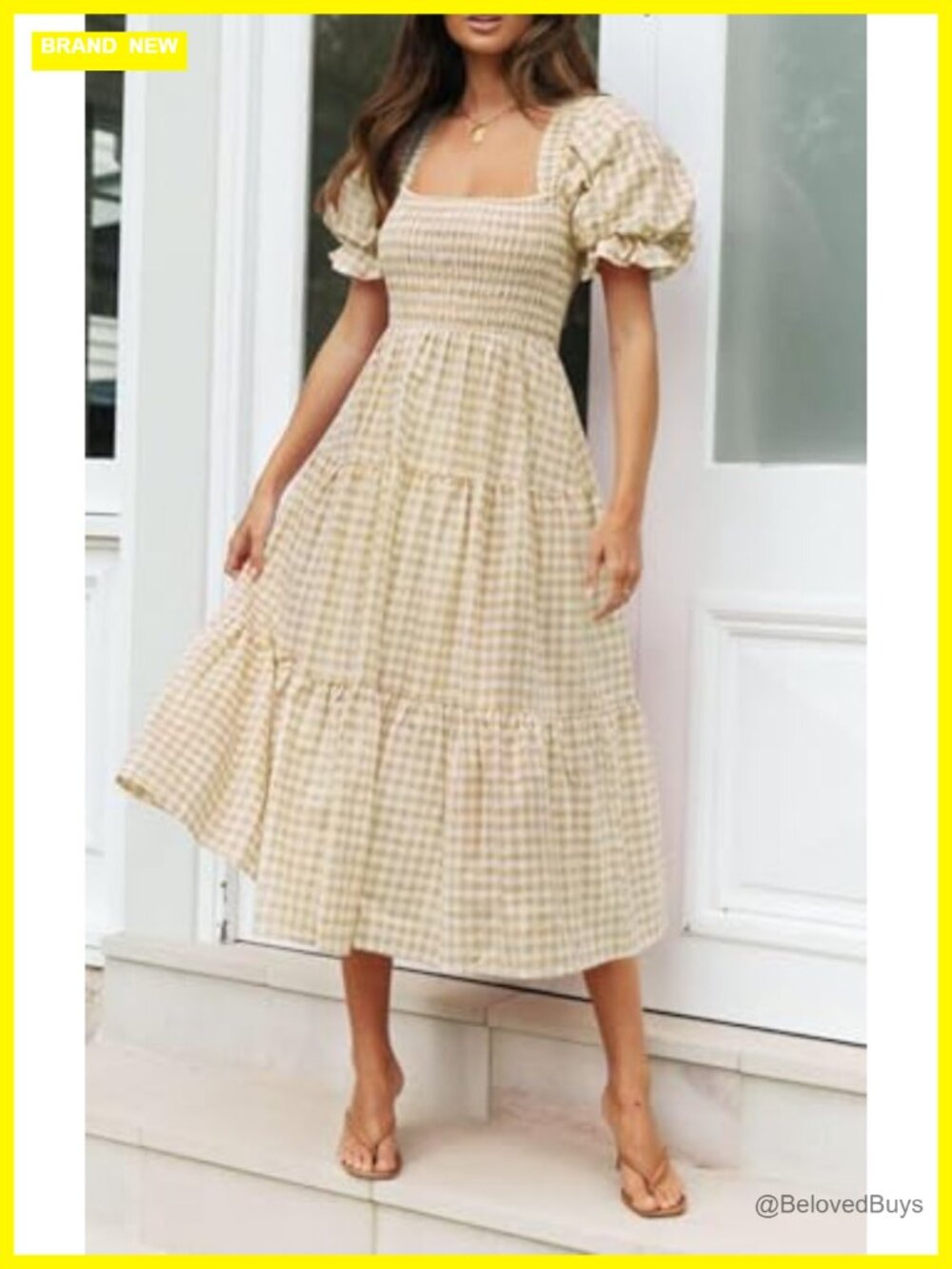 Boho Summer Midi Dress with Square Neck and Puff Sleeves - Picture 2 of 7